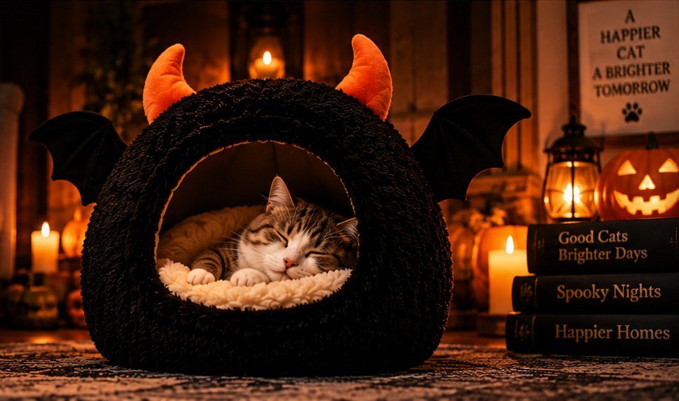 A cat asleep in the Bat Cave Cat Bed™ beside a warm fireplace