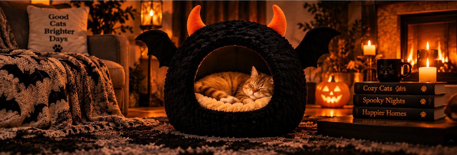 A sleeping cat in a Bat Cave Cat Bed in a warm living room