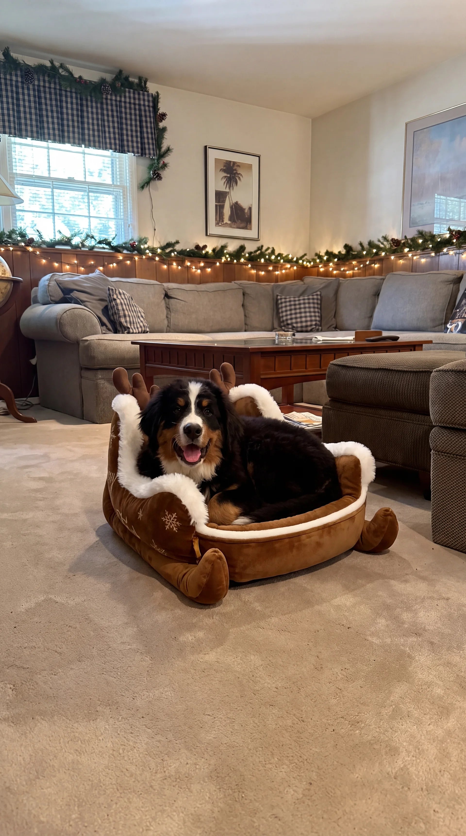 A dog relaxing in a festive Jingle Nap bed