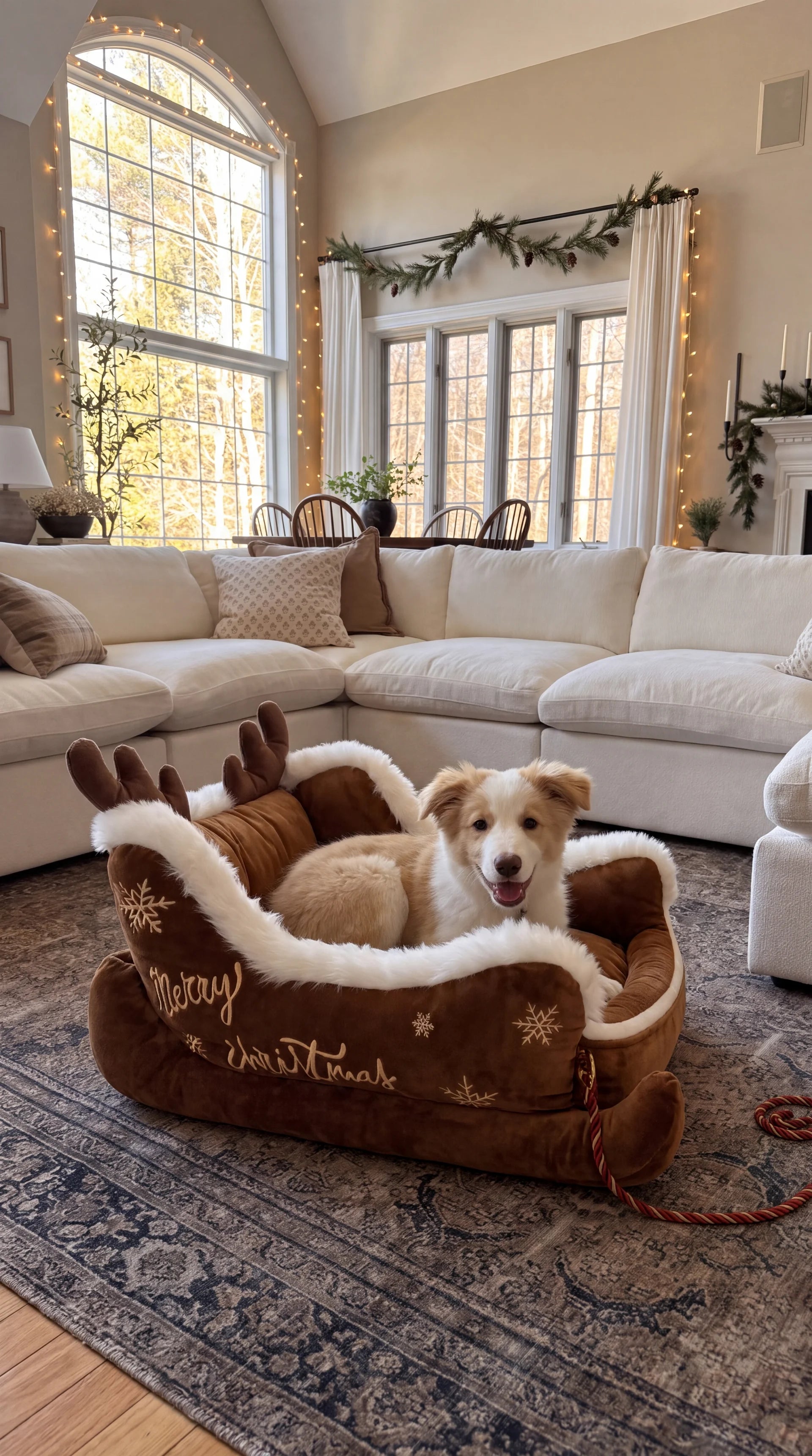 A puppy sitting in a reindeer-shaped pet bed