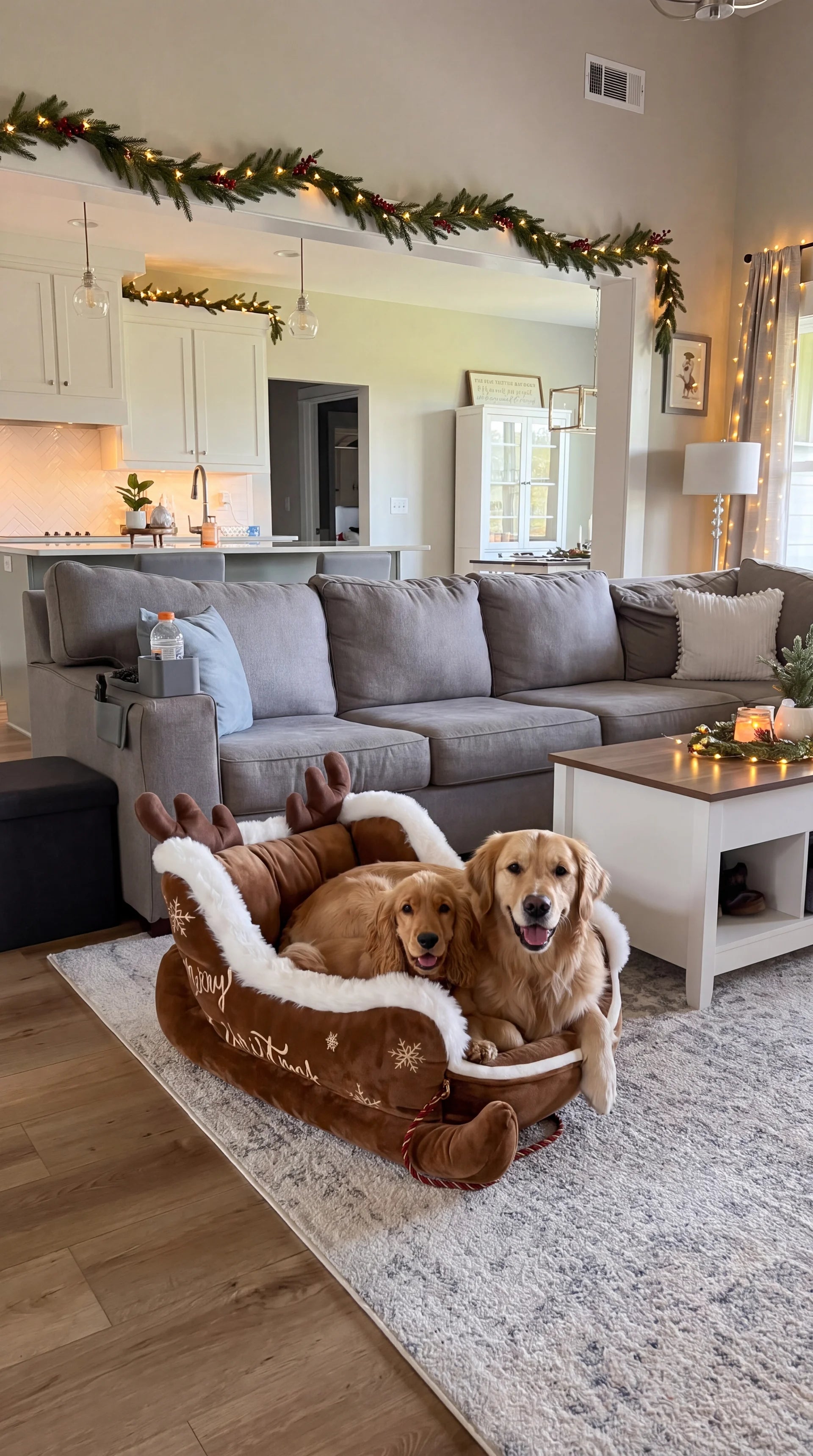 Two dogs sharing a holiday pet bed