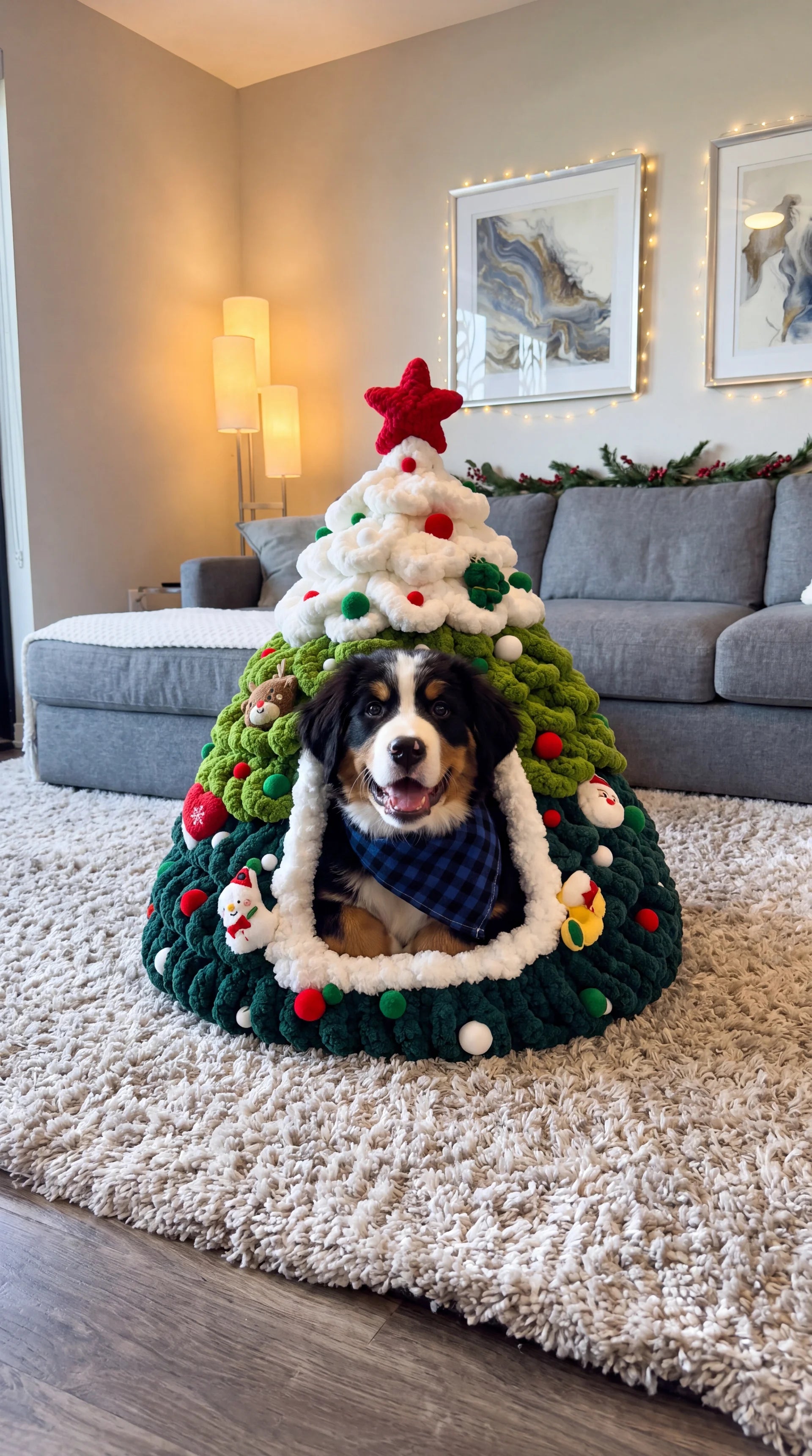 Jingle Nap bed styled in a holiday living room