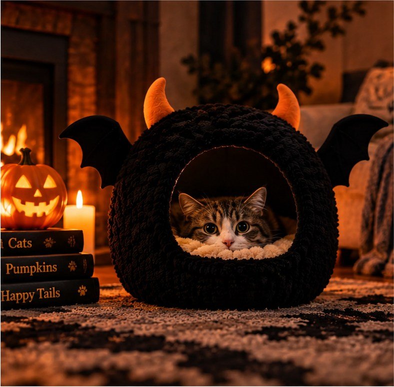A cat relaxing in a Bat Cave Cat Bed™
