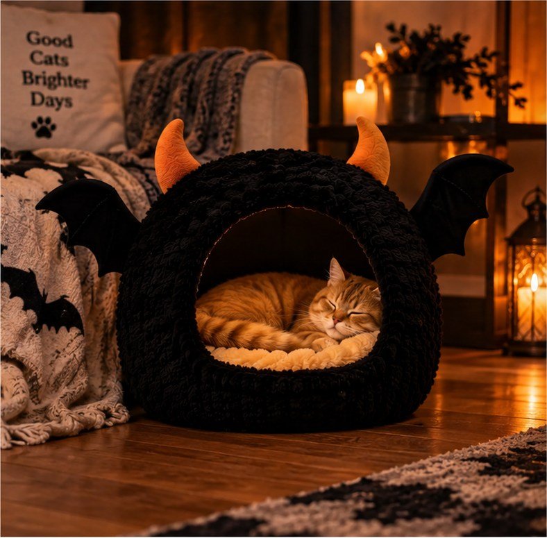 A cat relaxing in a Bat Cave Cat Bed™