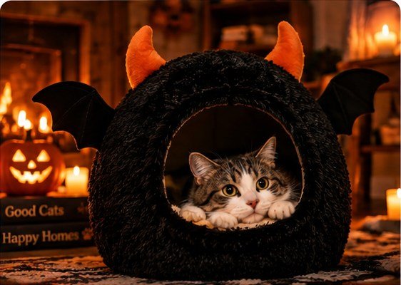 A cat relaxing in a Bat Cave Cat Bed™