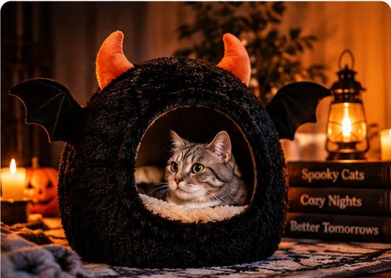 A cat relaxing in a Bat Cave Cat Bed™
