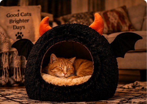 A cat relaxing in a Bat Cave Cat Bed™